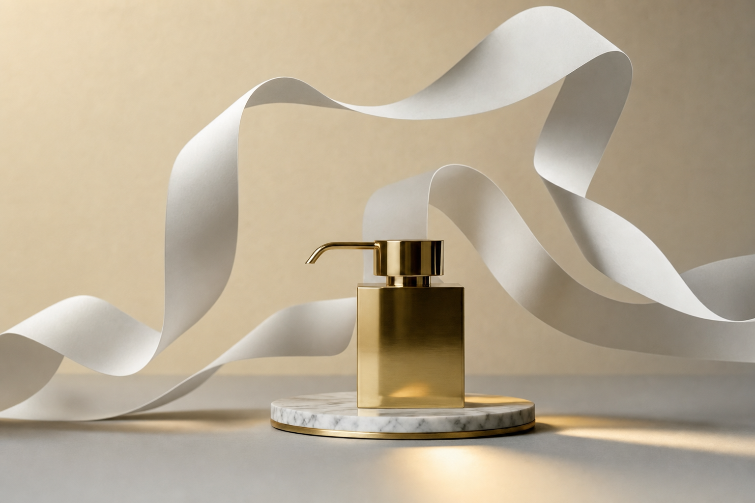 A gold bathroom dispenser in winter light with sculptural white paper