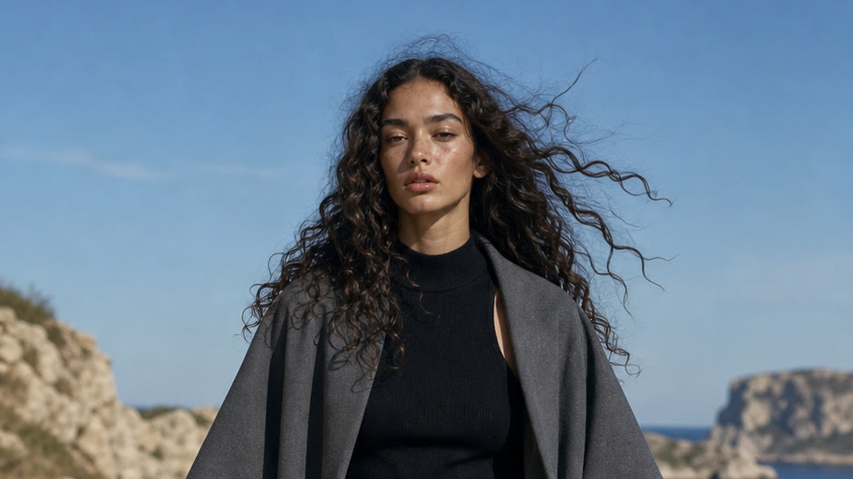 Synthetic Leandra character in a coastal fashion scene